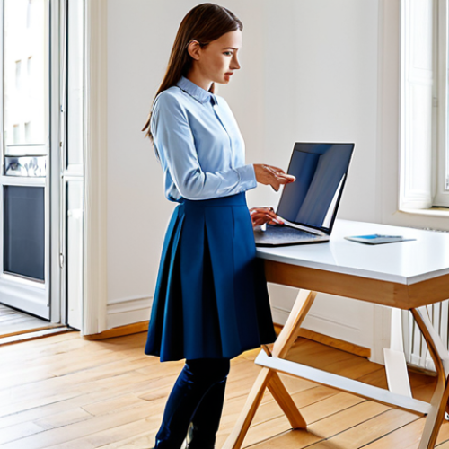 Home 4 A professional adult in modest business casual attire, standing in a brightly lit, modern Parisian studio apartment. The adaptable foldable kitchen table is a central feature, first configured as a neat workstation with a sleek laptop and a few documents, then subtly transformed to a compact dining setting with a single elegant place setting and a glass. The scene emphasizes seamless transition and space efficiency. Professional photography, natural light, sharp focus, fully clothed, appropriate attire, safe for work, professional, perfect anatomy, correct proportions, natural pose, well-formed hands, proper finger count, natural body proportions, appropriate content.