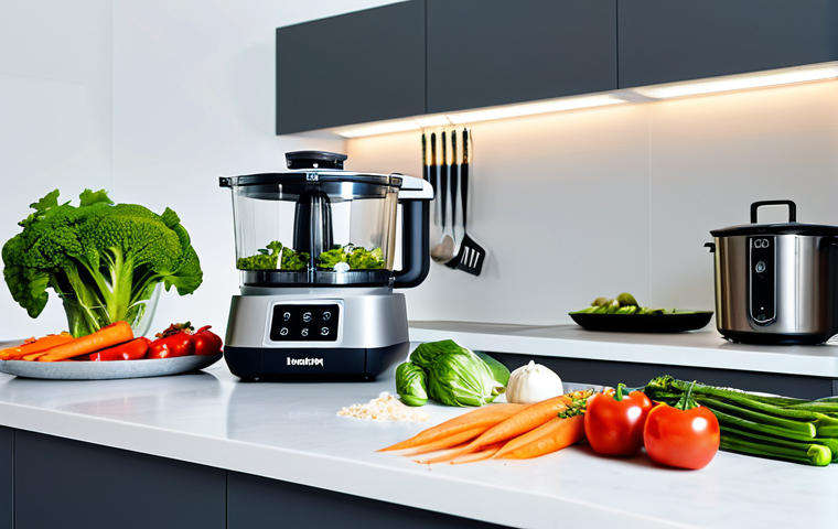 **
"A modern kitchen featuring a Magimix Cook Expert robot multifonction on a clean countertop, surrounded by fresh vegetables and cooking ingredients. The scene is brightly lit and inviting, showcasing the appliance's user-friendly design. The robot is clean and looks well-maintained. Focus on showcasing the robustness and simplicity. Fully clothed individuals can be glimpsed in the background preparing food. Safe for work, appropriate content, fully clothed, professional, family-friendly, perfect anatomy, correct proportions, natural pose, well-formed hands, proper finger count, natural body proportions."
**