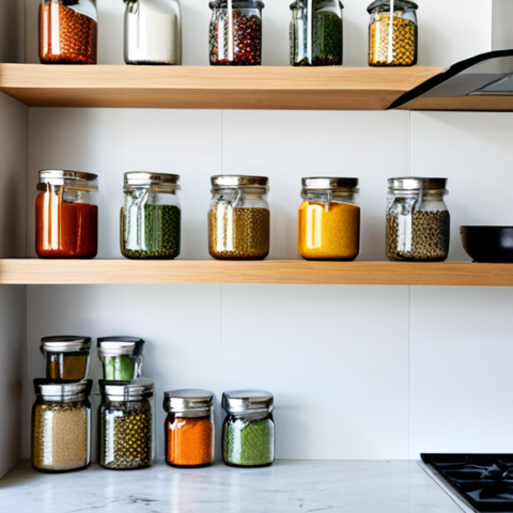 Floating Shelves in a Modern Kitchen**
"A bright, modern kitchen featuring floating shelves displaying colorful spice jars and cookbooks. The shelves are made of light oak wood. Stainless steel appliances are visible in the background. The kitchen is clean and organized, with natural light streaming in. fully clothed, safe for work, appropriate content, perfect anatomy, natural proportions, professional photography, high quality, modest, family-friendly"
**