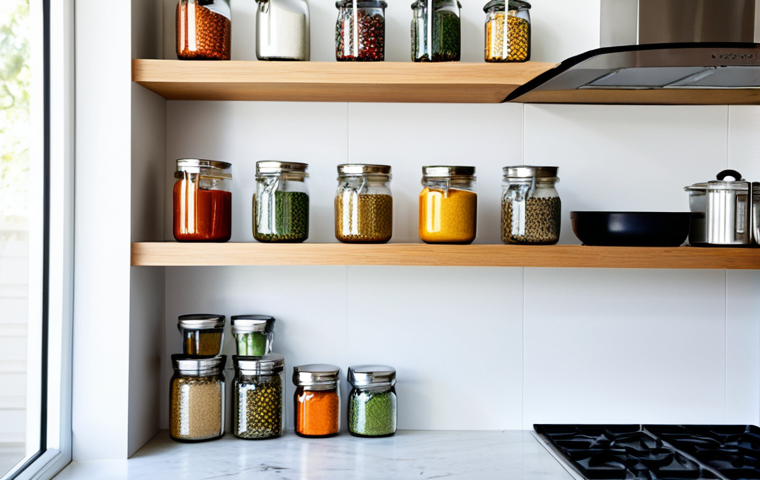 Floating Shelves in a Modern Kitchen**
"A bright, modern kitchen featuring floating shelves displaying colorful spice jars and cookbooks. The shelves are made of light oak wood. Stainless steel appliances are visible in the background. The kitchen is clean and organized, with natural light streaming in. fully clothed, safe for work, appropriate content, perfect anatomy, natural proportions, professional photography, high quality, modest, family-friendly"
**