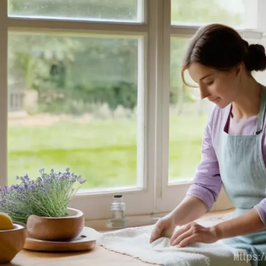 친환경 소재의 주방 행주 추천 - **A Woman Using a Linen Dishcloth in a French Country Kitchen:** A serene and brightly lit French co...