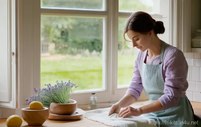 친환경 소재의 주방 행주 추천 - **A Woman Using a Linen Dishcloth in a French Country Kitchen:** A serene and brightly lit French co...