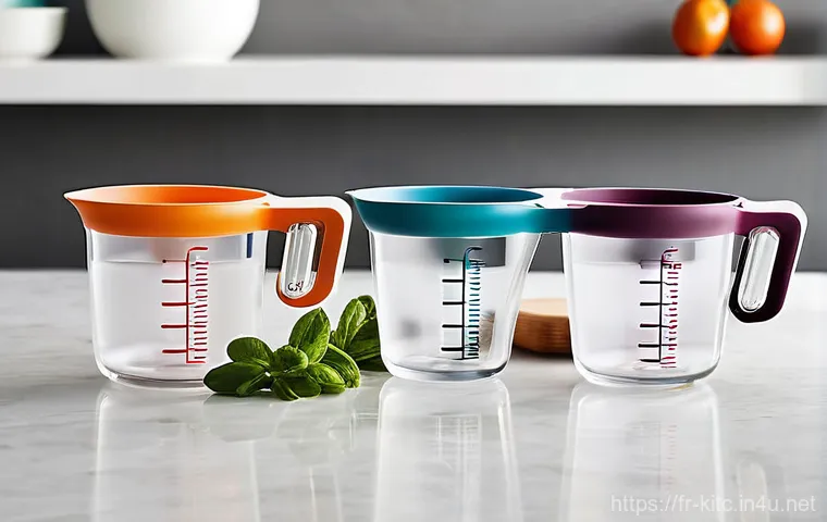 다용도 계량컵과 일반 계량컵 비교 - **Prompt: The Art of Precision Baking**
    A detailed, close-up, top-down shot of adult hands metic...