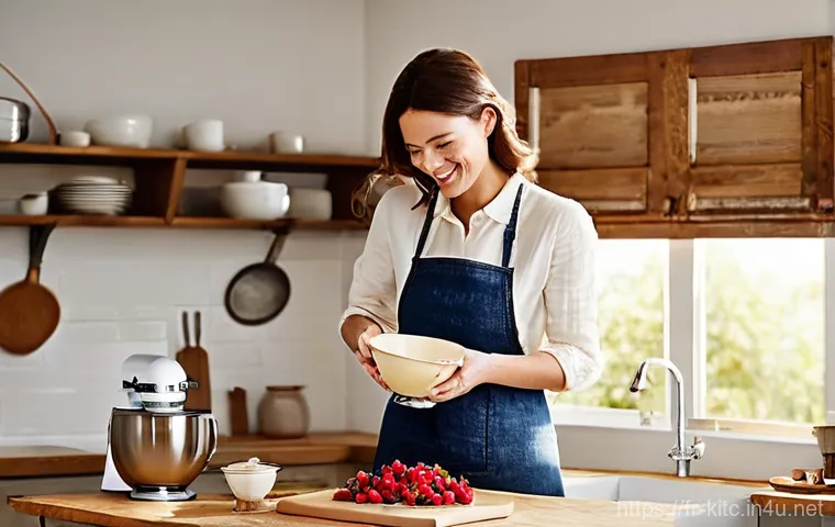 주방 핸드믹서와 스탠드믹서 비교 - **Prompt for a Hand Mixer:**
    "A cozy, brightly lit French-style kitchen. A smiling young woman, ...