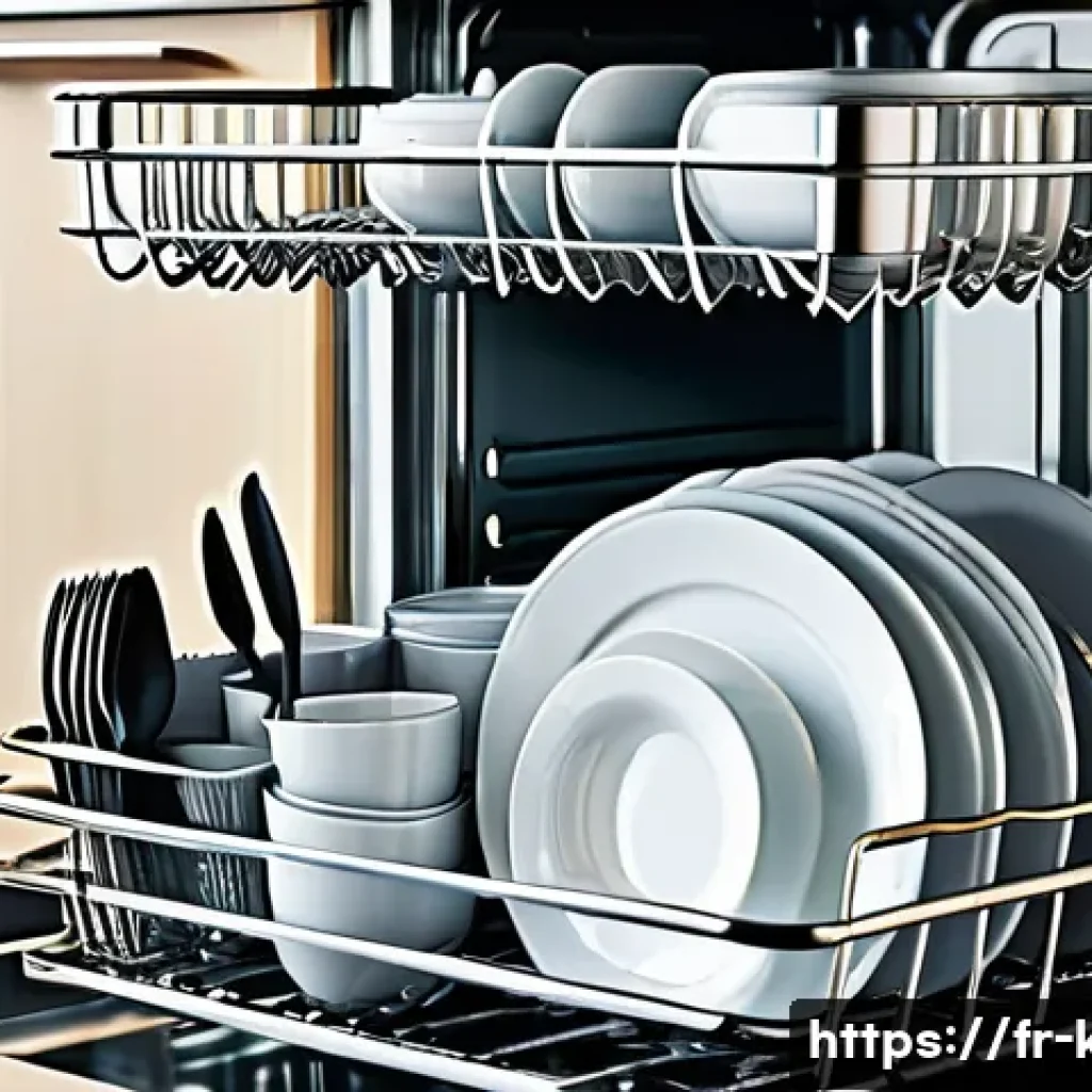 효율적인 식기 세척기 사용법 - A modern dishwasher interior neatly loaded with dishes arranged by size and type: large pots and pan...