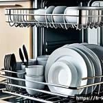 Home 13 효율적인 식기 세척기 사용법 - A modern dishwasher interior neatly loaded with dishes arranged by size and type: large pots and pan...