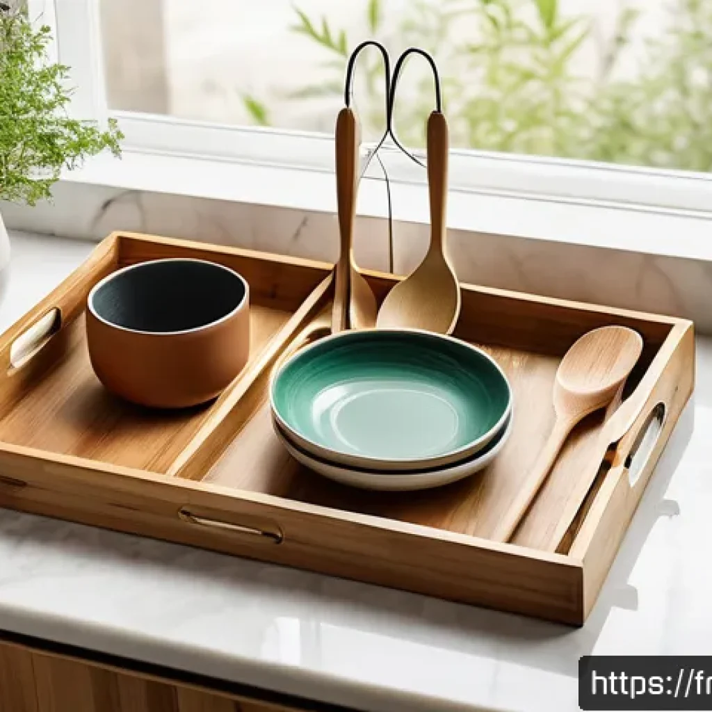 주방 조리 도구 정리 트레이 추천 - A warm and inviting kitchen scene featuring a natural bamboo storage tray with removable dividers, p...