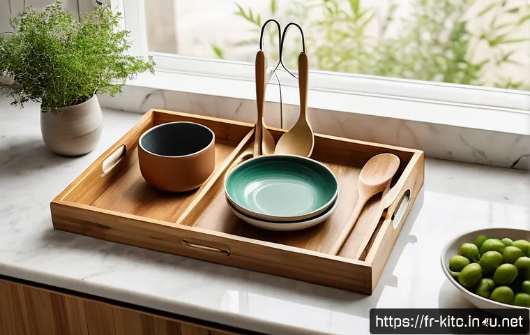 주방 조리 도구 정리 트레이 추천 - A warm and inviting kitchen scene featuring a natural bamboo storage tray with removable dividers, p...