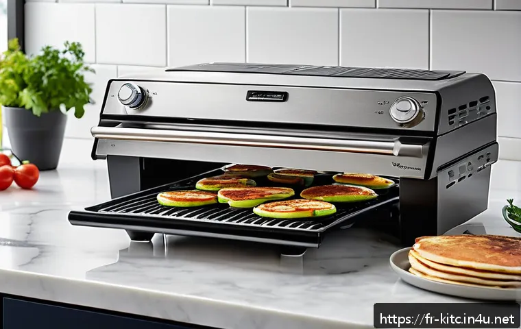 다용도 전기그릴 추천 - A modern, sleek multifunction electric grill in a bright, spacious French kitchen setting, featuring...