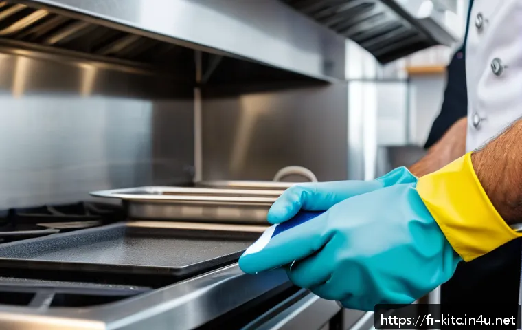 주방 안전을 위한 절연 장갑 추천 - A professional kitchen scene focusing on a chef wearing flexible natural rubber insulating gloves wh...