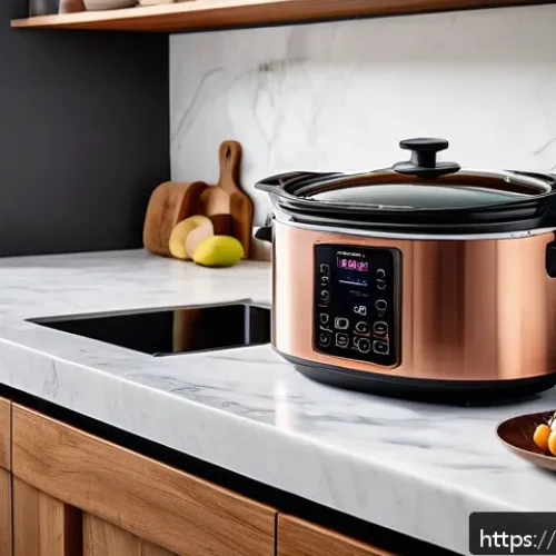 Home 30 최고의 다기능 슬로우쿠커 추천 - A modern French kitchen scene featuring a sleek multifunction slow cooker on a marble countertop. Th...