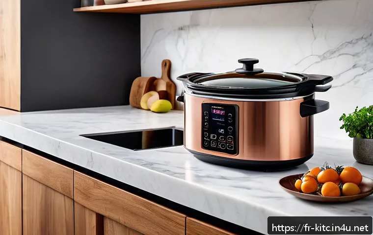 최고의 다기능 슬로우쿠커 추천 - A modern French kitchen scene featuring a sleek multifunction slow cooker on a marble countertop. Th...