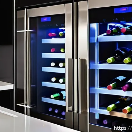 스마트 와인 셀러의 장점 - A sleek, modern smart wine cellar integrated into a stylish French kitchen interior with stainless s...