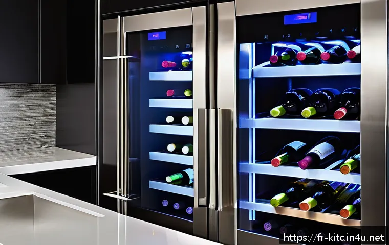 스마트 와인 셀러의 장점 - A sleek, modern smart wine cellar integrated into a stylish French kitchen interior with stainless s...