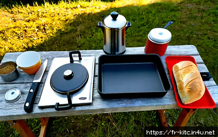 Home 17 휴대용 캠핑용 주방 도구 추천 - Photorealistic overhead flat lay of essential portable camping kitchen tools arranged neatly on a we...